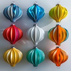A collection of colorful paper ornaments arranged in a festive pattern for holiday decor..
