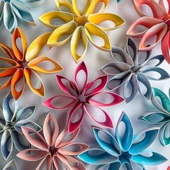 An array of vibrant paper ornaments arranged in a festive decor pattern..