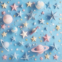 A festive pattern of delicate paper stars and planets for cosmic-themed decor..