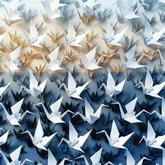 A gradient arrangement of paper cranes transitioning from white to dark blue in a decorative pattern..