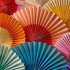A vibrant arrangement of bright paper fans in a striking pattern for festive decor..