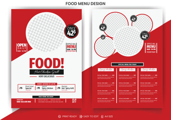 Chicken hot grill, pizza, or spicy food and barbecue bbq party Fast Food Flyer Design or menu card Template, cafe and ordering, junk food. Pizza, Burger, French fries flyer templet in vector files.