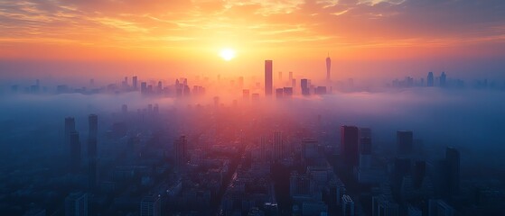 Fototapeta premium Breathtaking city skyline at sunrise, with vibrant colors painting the sky and a mystical fog enveloping the buildings.