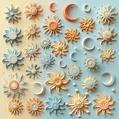 Alternating paper suns and moons in a lively pattern for vibrant festive decorations..