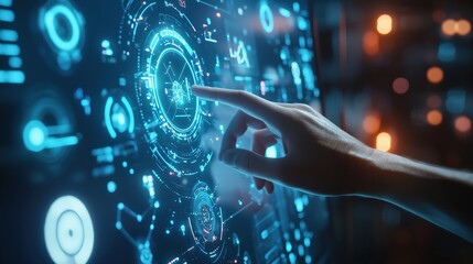 Human Hand Interacting with Holographic Innovation Interface in Blue Light