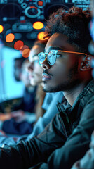 Fototapeta premium A man with glasses is looking at a screen