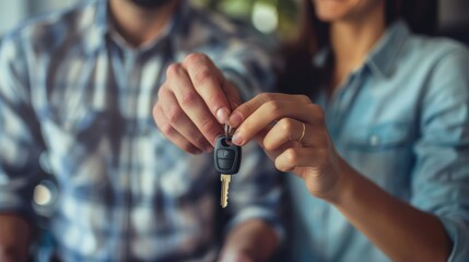 Happy couple receiving keys to their new car after auto loan approval.