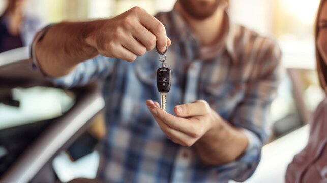 Happy couple receiving keys to their new car after auto loan approval. - Powered by Adobe