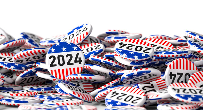 Pile of 2024 presidential election campaign buttons