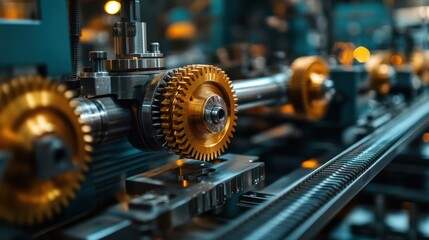Fototapeta premium Close-up of intricate machinery with golden gears and metallic components, showcasing precision engineering and industrial technology.
