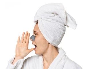 Young Caucasian redhead with pore strip shouting and holding palm near opened mouth.