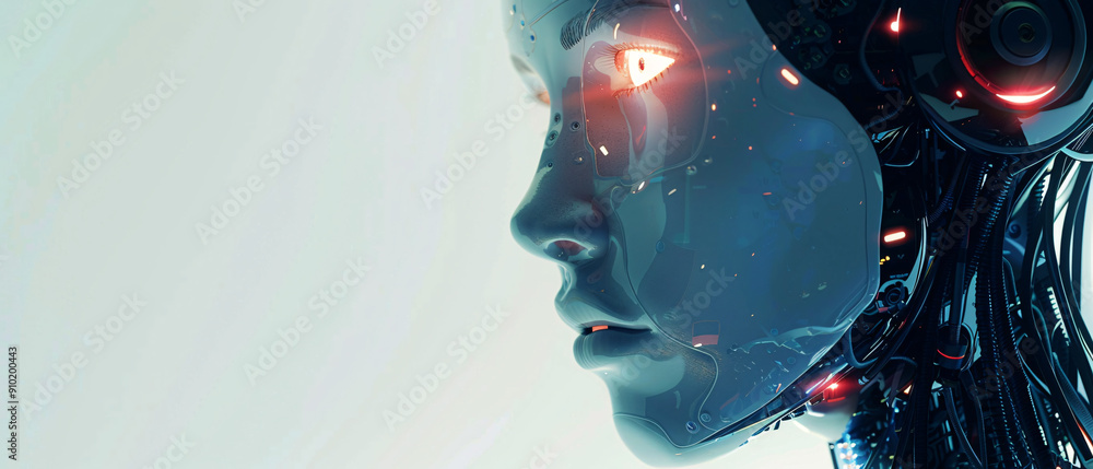 Poster closeup profile of a futuristic android robot with glowing red eyes, closeup profile of a futuristic