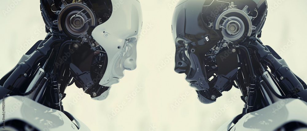Poster two robots facing each other, concept of artificial intelligence and the future of technology, conce
