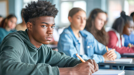 A young man with a beard sits at a desk with a pencil and a notebook