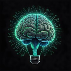 Green and blue brain lightblub, with swirling lines to symbolize brainstorming, smart thinking and bright ideas on a black canvas