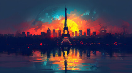 A breathtaking digital illustration of the Eiffel Tower bathed in the warm hues of a Parisian sunset, reflecting on the tranquil waters below. 