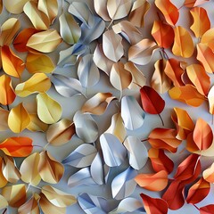 A picturesque arrangement of autumn-colored paper leaves, creating a swirling pattern for seasonal decor.