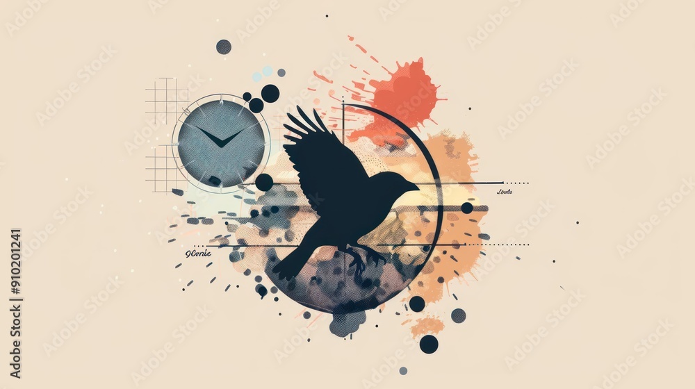 Poster abstract design featuring a bird and time management elements.