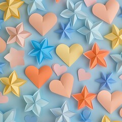 A charming assortment of paper stars and hearts in bright hues, perfect for creating a whimsical festive pattern.