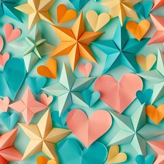 A playful collection of bright paper stars and hearts, forming a whimsical pattern for holiday decorations.