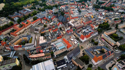 A panorama Aerial view around the old town of the city Zwickau on an early summer day in Germany.