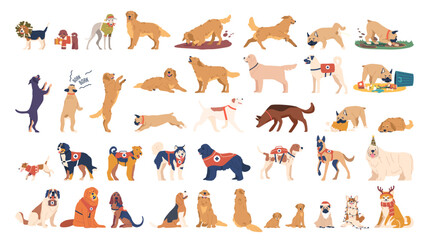 Cartoon Vector Collection Of Various Dog Breeds In Different Poses And Costumes. Playing, Barking, Working Dogs