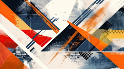 A modern abstract design with sharp angles and bold color blocks in shades of orange, blue, and white, creating a striking contrast
