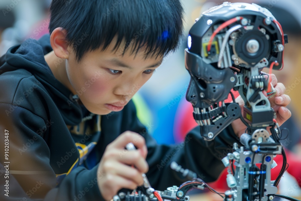 Poster focused chinese schoolboy engaged in robotics workshop, assembling robot with precision tools