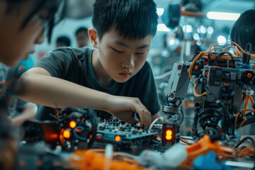 Young Student at Robotics Workshop Assembling Robot with Teammates for Educational Project