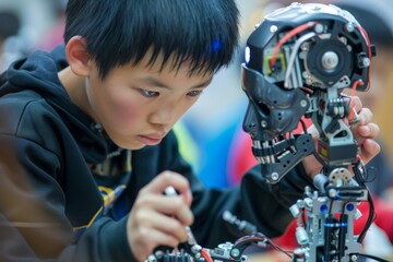 Focused Chinese Schoolboy Engaged in Robotics Workshop, Assembling Robot with Precision Tools