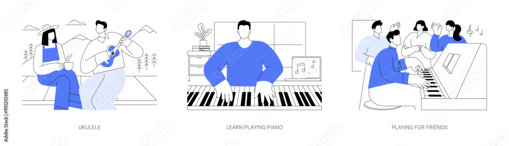 Sticker learn playing music isolated cartoon vector illustrations se