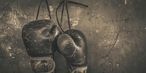 Worn boxing gloves hanging against textured wall.