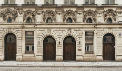 Obraz premium Historic Building with Wooden Doors, Old Building with Arched Windows