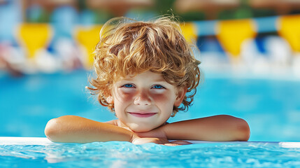 Naklejka premium Joyful Child Smiling Cheerfully While Playing by the Poolside on a Bright and Sunny Day, Radiating Pure Happiness and Innocence