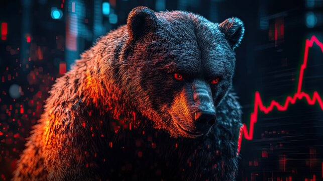 Bearish market performance captured in an illustration of a bear breaking through a red line graph