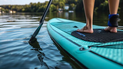 Closeup of a person's feet standing on a paddleboard, paddling on a calm lake.