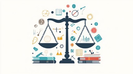 Illustration of balanced scales of justice with legal symbols on both sides.