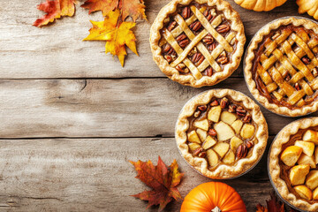 Fototapeta premium Variety of traditional homemade autumn pies, pumpkin, apple and pecan on a rustic background, overhead shot
