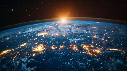 Vibrant Sunrise Over Earth Seen From Space Illuminating City Lights Below
