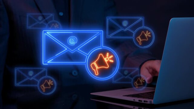 Email, digital marketing, business and technology concept for seo, content, website, social media, sales and online advertising. Businessman working with laptop to show animated email marketing icon.