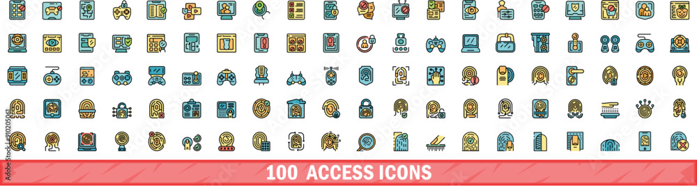 Poster 100 access icons set. color line set of access vector icons thin line color flat on white