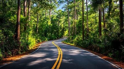 Obraz premium Endless asphalt ribbon cuts through emerald forest, promising a journey into nature's embrace