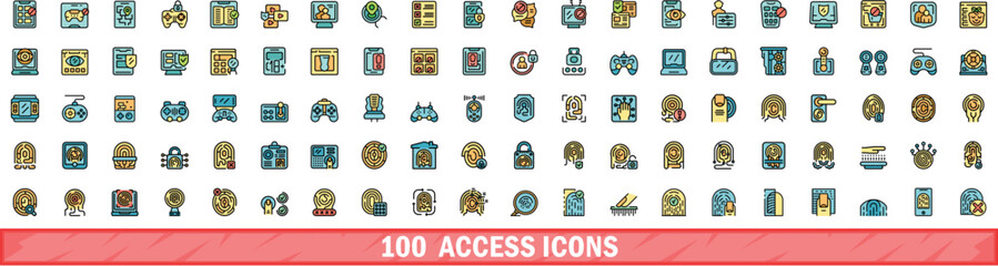 100 access icons set. Color line set of access vector icons thin line color flat on white