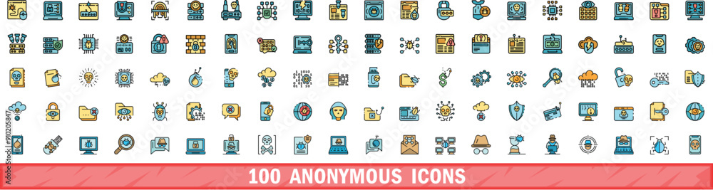 Poster 100 anonymous icons set. color line set of anonymous vector icons thin line color flat on white