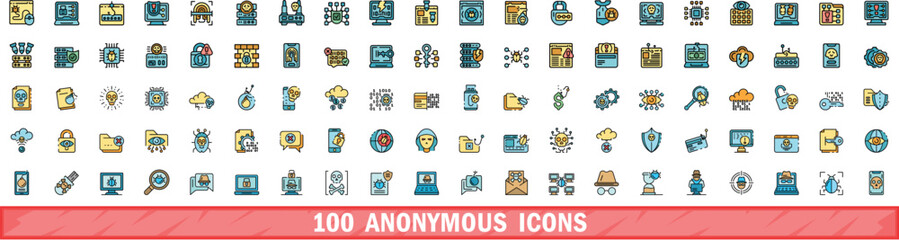 100 anonymous icons set. Color line set of anonymous vector icons thin line color flat on white