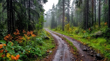 Fototapeta premium Sun-dappled footpath winds through emerald green woods, promising nature's escape
