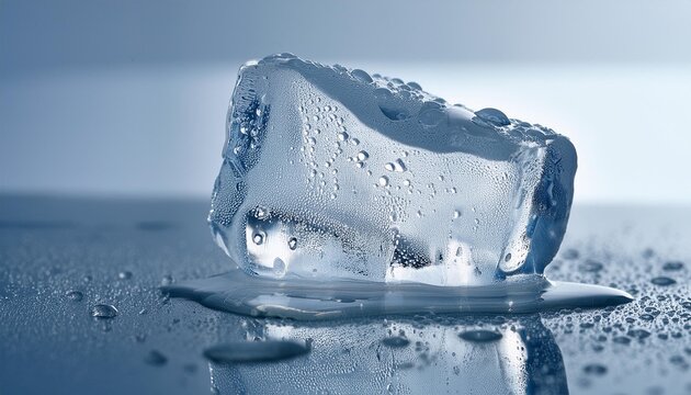  A close-up of a melting ice cube with water droplets, placed on a mirrored surface with a gentle reflection, enhanced by the subtle shimmer of light bouncing off the smooth, reflective surface - Powered by Adobe