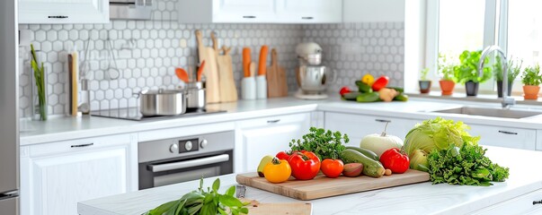 Modern kitchen with fresh produce on the counter.