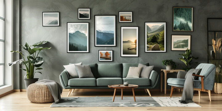 Stylish modern living room interior with many picture frames hanging on the wall above a sofa. Cozy living room arrangement with big window, soft blankets and pillows and house plants.
