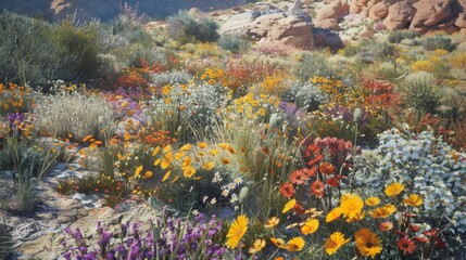 Vibrant Wild Desert Flowers Blooming in Rugged Landscape - Nature's Spring Beauty for Poster Design